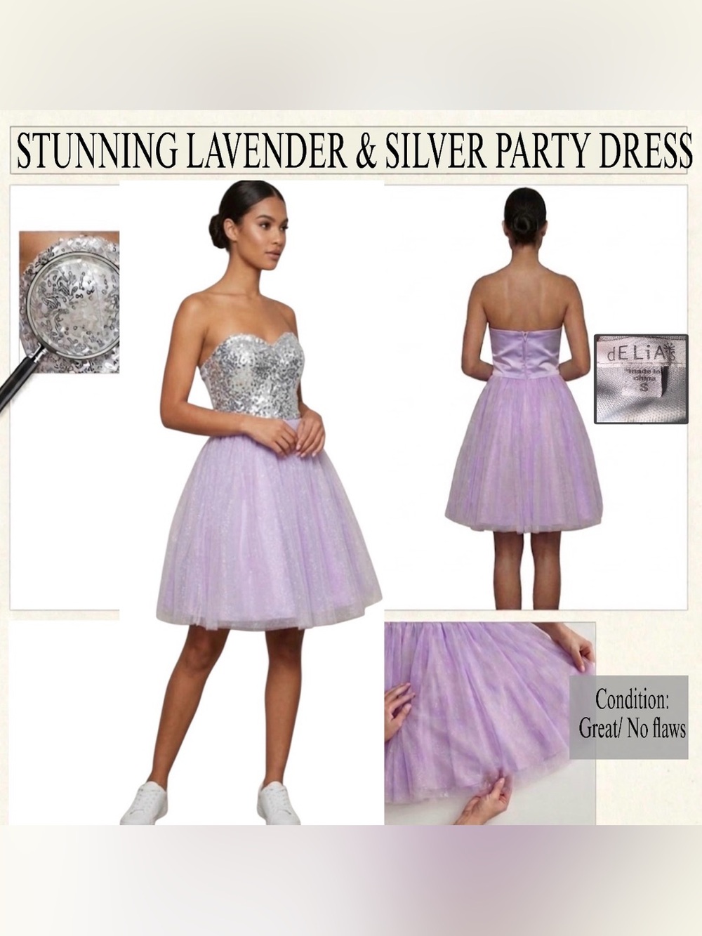 dELiAs Strapless silver Sequined Lavender Tulle Mini Party Dress  Small A-Line